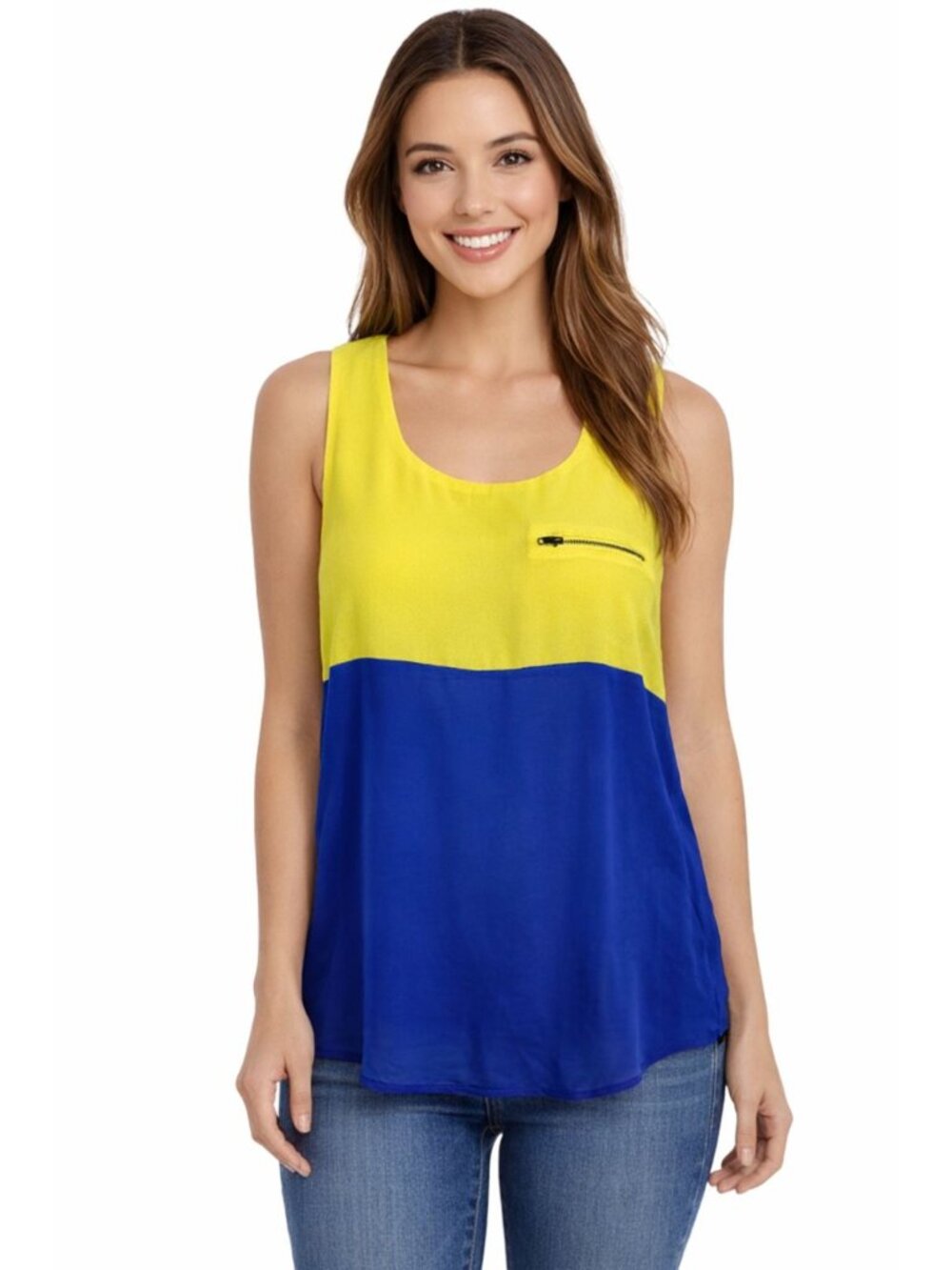 E&M Sleeveless Blouse Womens Small Yellow Blue Tank Top Loose Lightweight